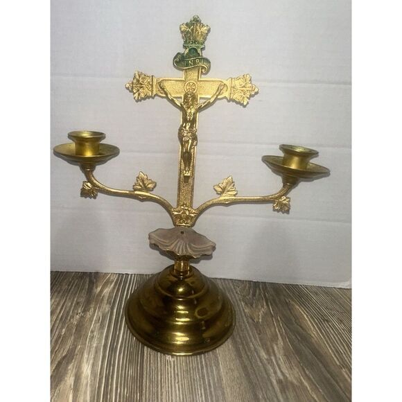 Vintage Cast‎ Metal Brass Antique Holy Water Font Candelabra Crucifix Last Rites